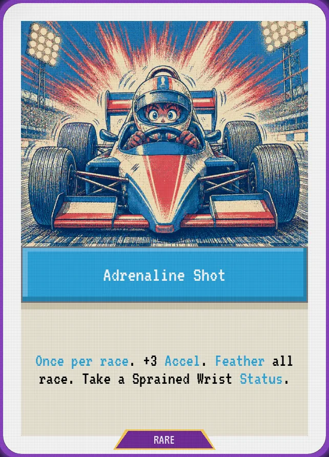 Adrenaline Shot — Once per race. +3 Accel. Feather all race. Take a Sprained Wrist Status.