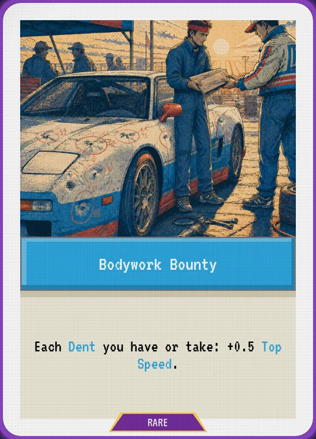 Bodywork Bounty — Each Dent you have or take: +0.5 Top Speed.