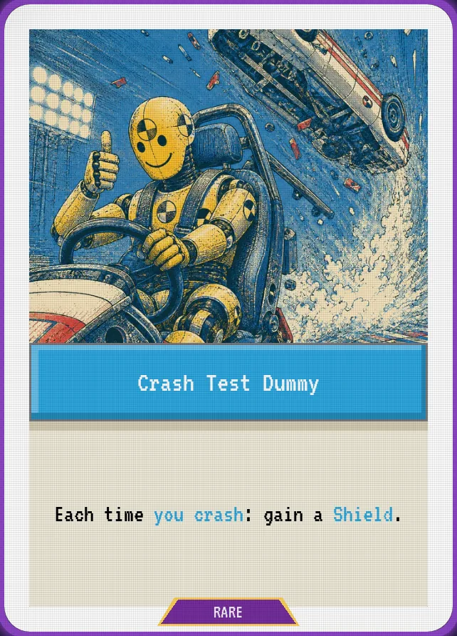 Crash Test Dummy — Each time you crash: gain a Shield.