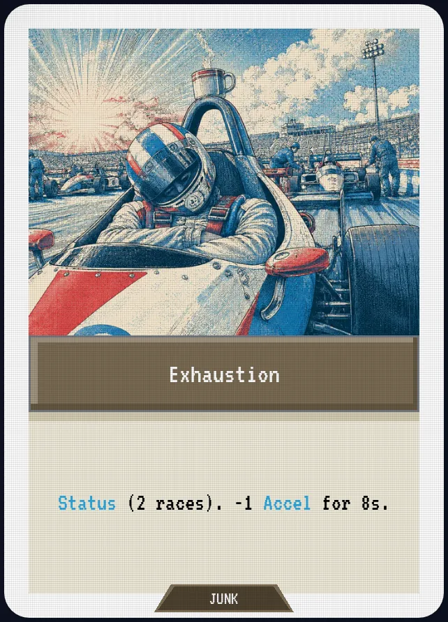 Exhaustion — Status (2 races). -1 Accel for 8s.