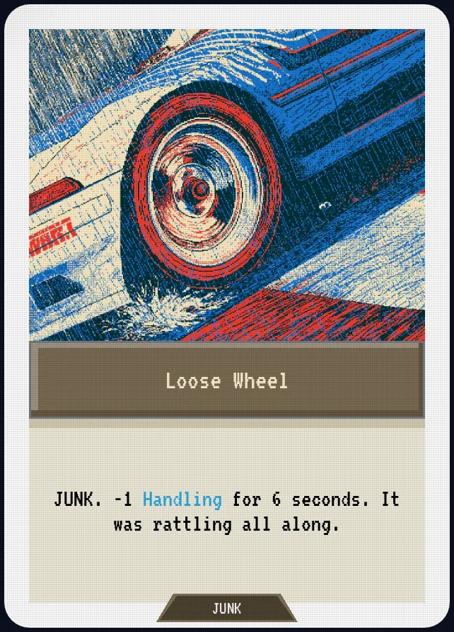 Loose Wheel — JUNK. -1 Handling for 6 seconds. It was rattling all along.