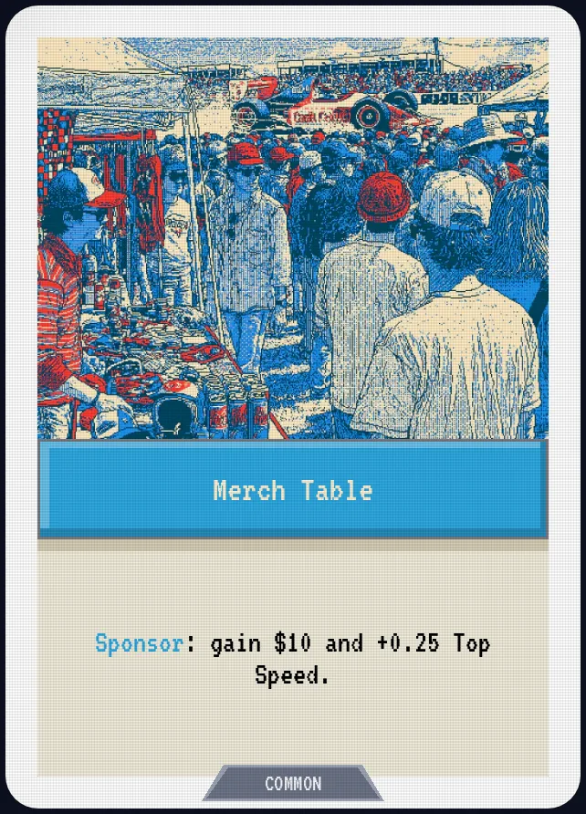 Merch Table — Sponsor: gain $10 and +0.25 Top Speed.