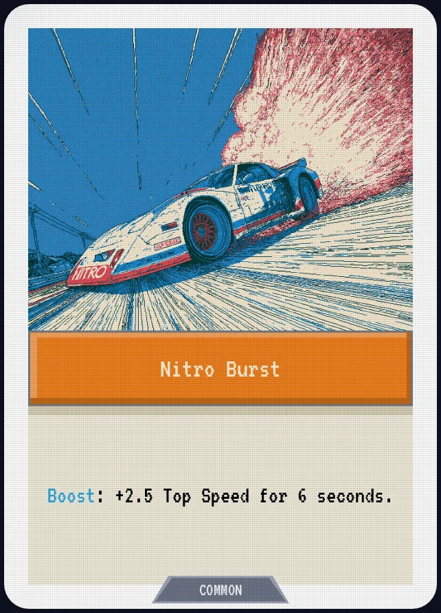 NITRO BURST, a real in-game card with an orange boost banner: Boost: +2.5 Top Speed for 6 seconds.