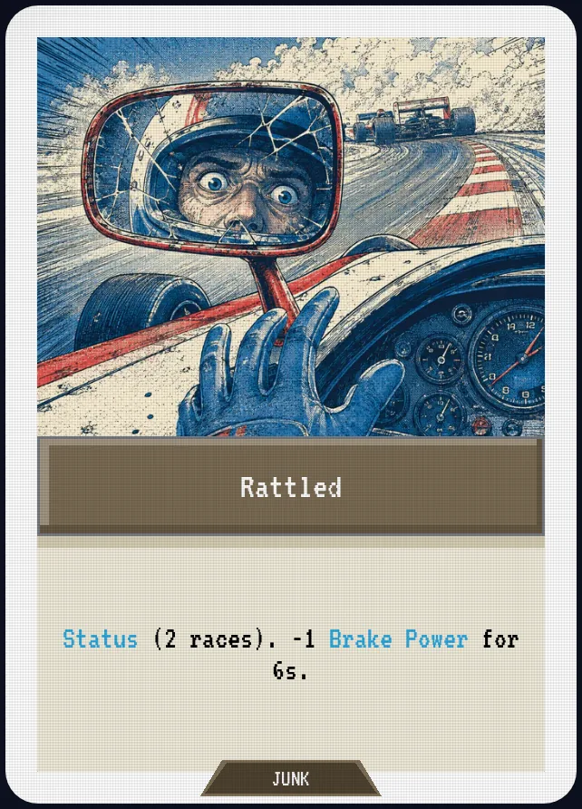 Rattled — Status (2 races). -1 Brake Power for 6s.