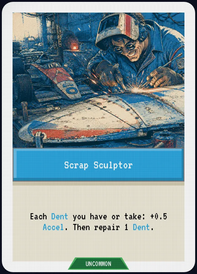 Scrap Sculptor — Each Dent you have or take: +0.5 Accel. Then repair 1 Dent.