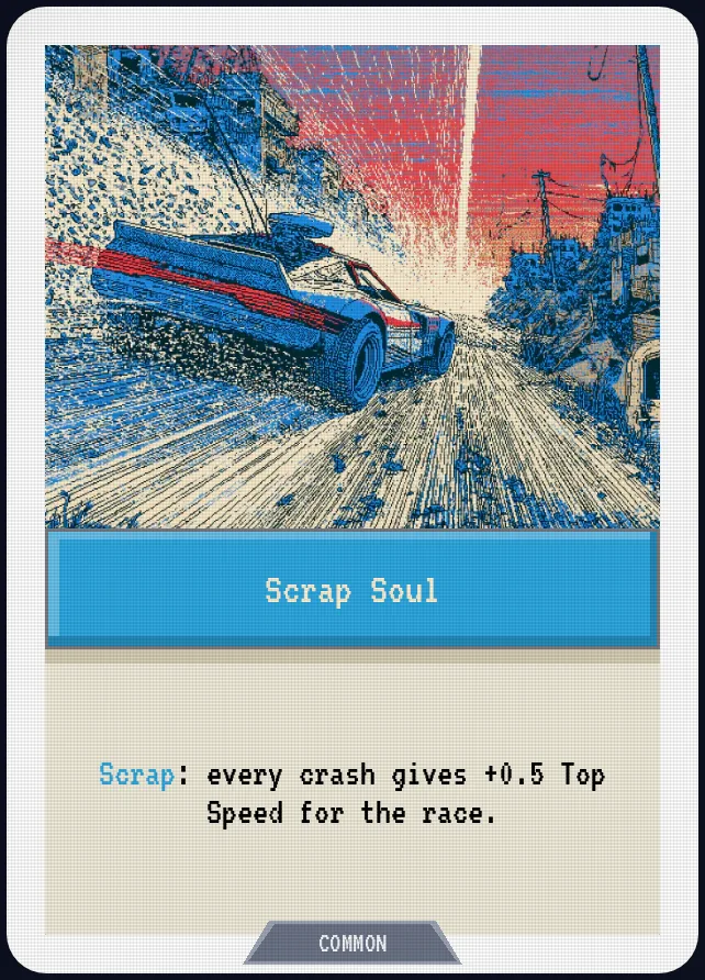 Scrap Soul — Scrap: every crash gives +0.5 Top Speed for the race.