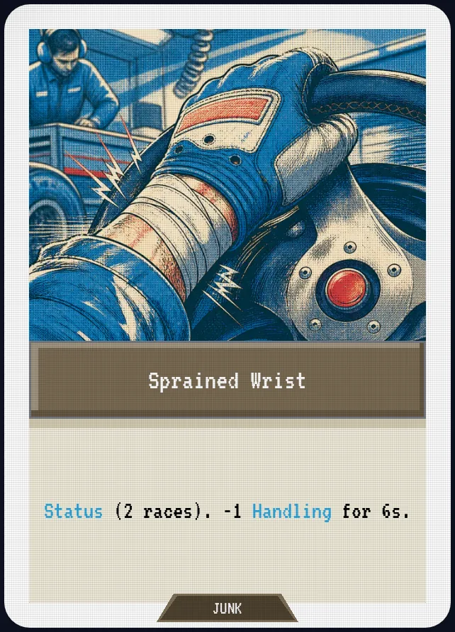 Sprained Wrist — Status (2 races). -1 Handling for 6s.