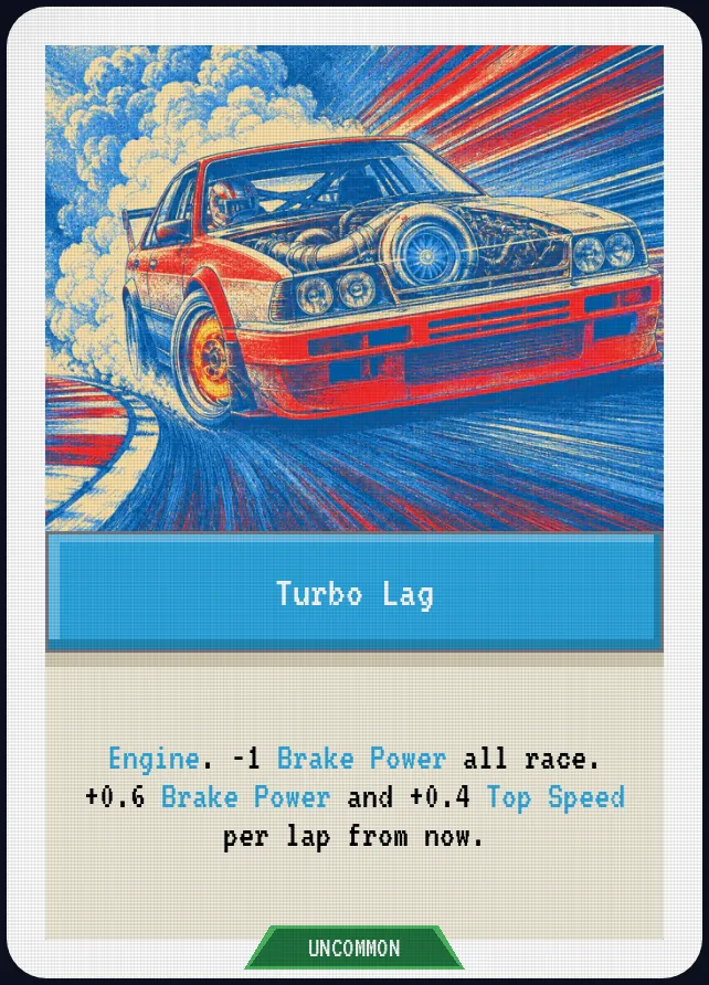 Turbo Lag — Engine. -1 Brake Power all race. +0.6 Brake Power and +0.4 Top Speed per lap from now.