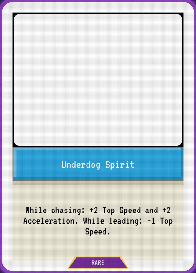 Underdog Spirit — While chasing: +2 Top Speed and +2 Acceleration. While leading: -1 Top Speed.