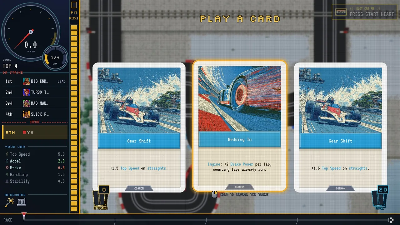 On the grid before the lights: PLAY A CARD over three cards, Gear Shift, Bedding In and Gear Shift, in a snowy Turbo Cup race, with the speedo and standings rail on the left.
