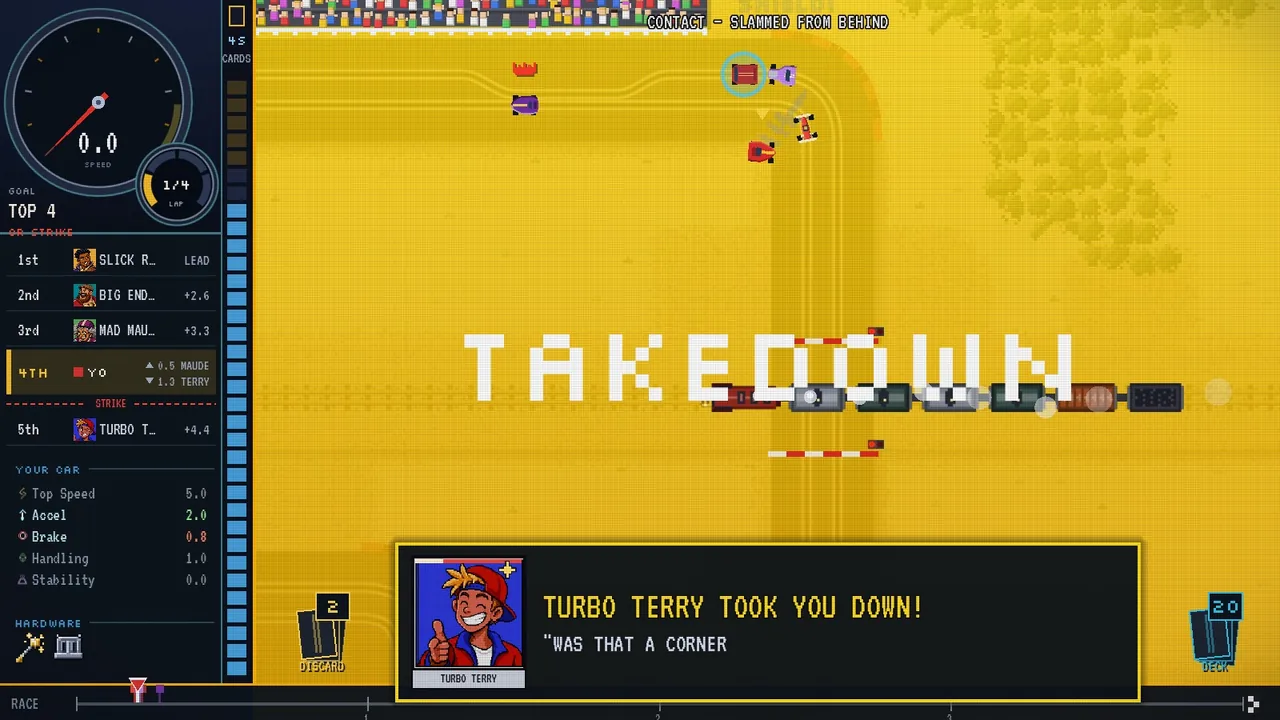 Mid-race in the snow: the screen floods yellow with TAKEDOWN as Turbo Terry's callout card says TURBO TERRY TOOK YOU DOWN.