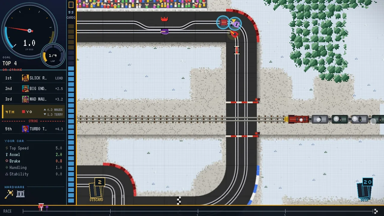 A train passing through the level crossing as racers wait at the barriers in the snow.