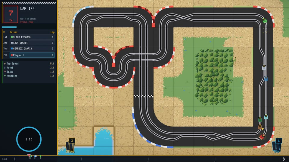 Real gameplay: seven cars mid-race on a twisting lakeside circuit, driver standings on the pit board.