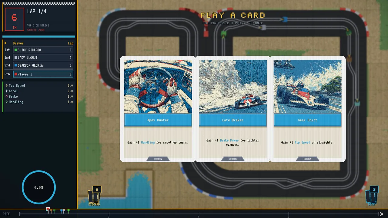 Mid-race card draft in slow motion: three cards fanned over a seven-car traffic race.