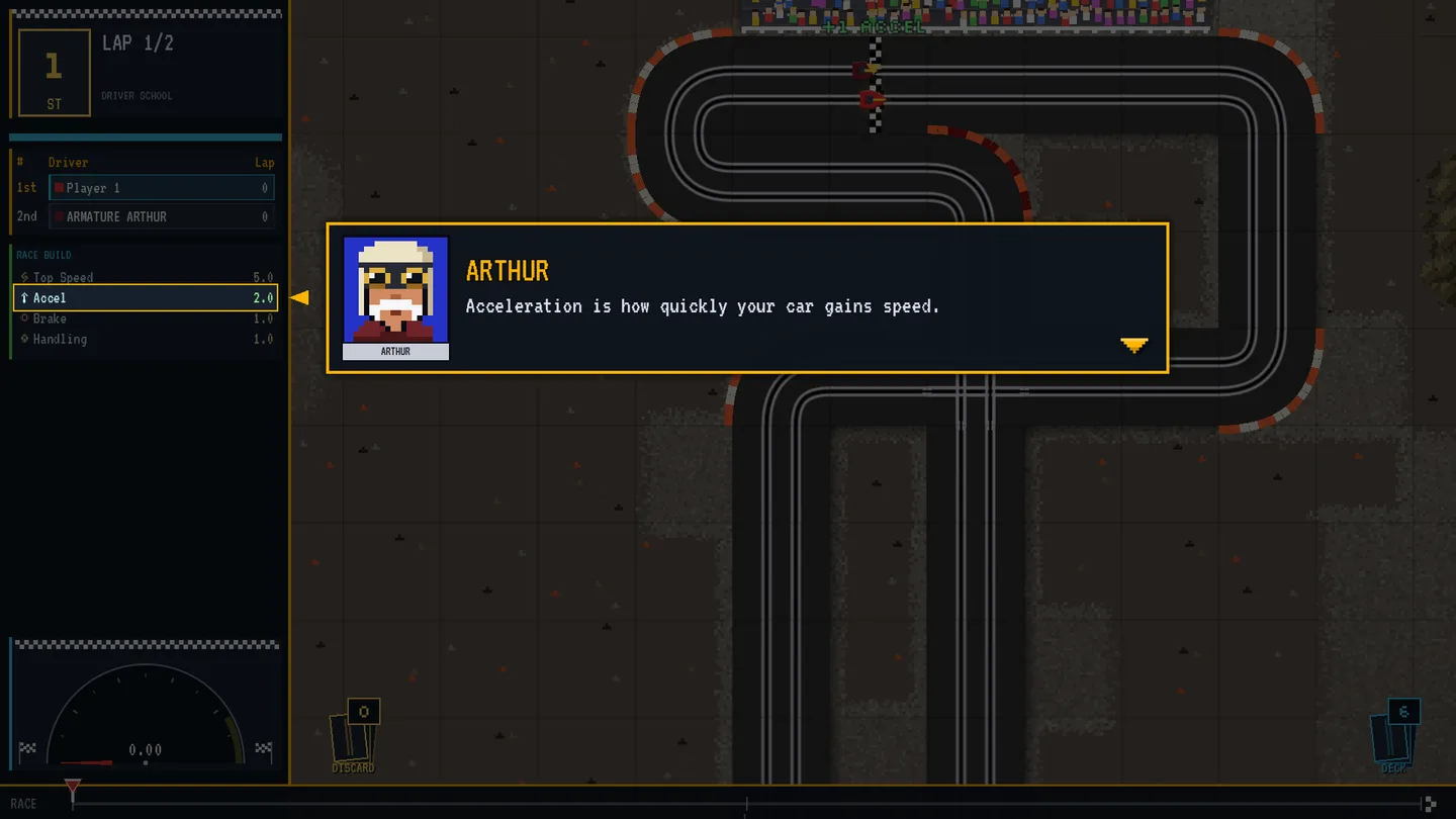 Arthur defines acceleration beside its outlined stat row in Driver School