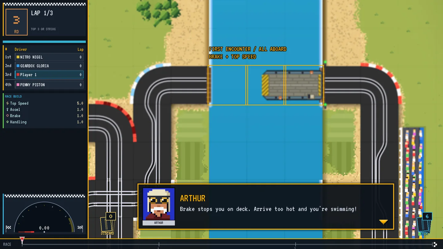Arthur explains braking on the ferry deck with Brake and Top Speed named above the highlighted crossing