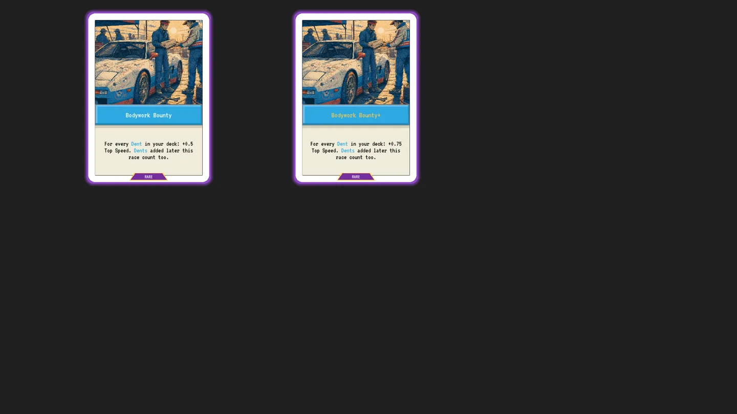 Bodywork Bounty and its upgraded card rendered in game with the driver standing beside the car on two visible feet