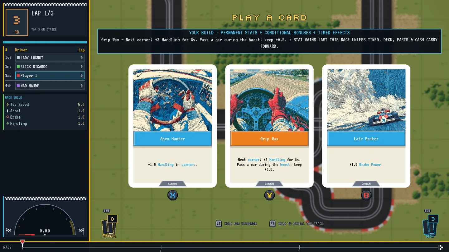 Updated draft screen showing Grip Wax's build effect, activation duration, persistence rules and the Race Build sidebar