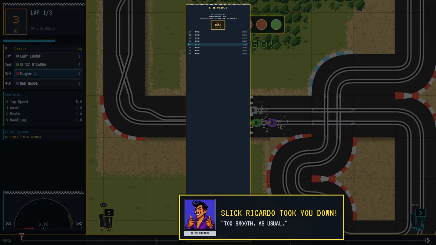 Eight-car results board with What Decided This Race, a recorded shield save and contact recovery time