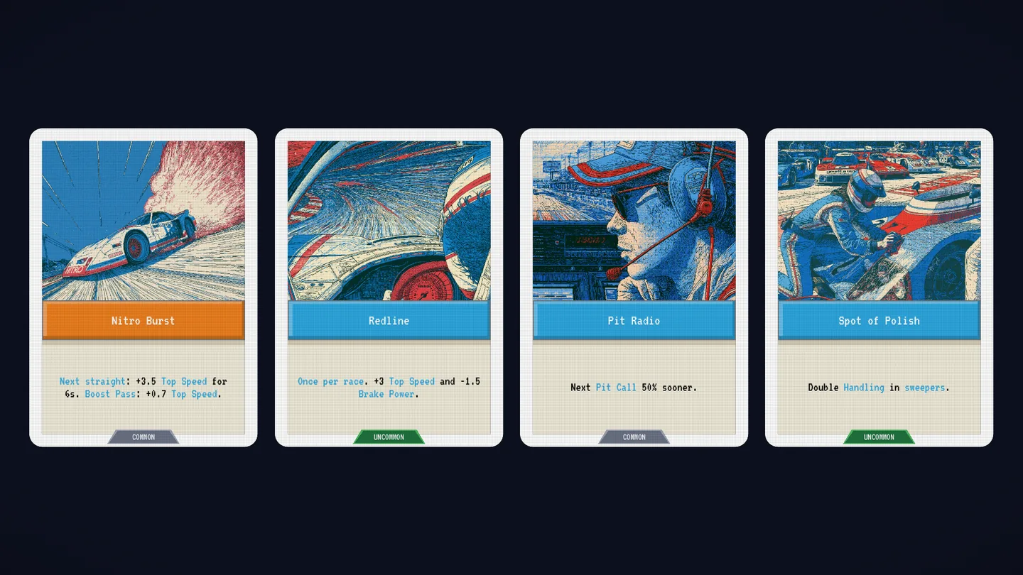 Native Windows desktop game capture of the same four cards with the new wording and blue keyword links: Nitro Burst reads Next straight: +3.5 Top Speed for 6s. Boost Pass: +0.7 Top Speed. Redline reads Once per race. +3 Top Speed and -1.5 Brake Power. Pit Radio reads Next Pit Call 50% sooner. Spot of Polish reads Double Handling in sweepers