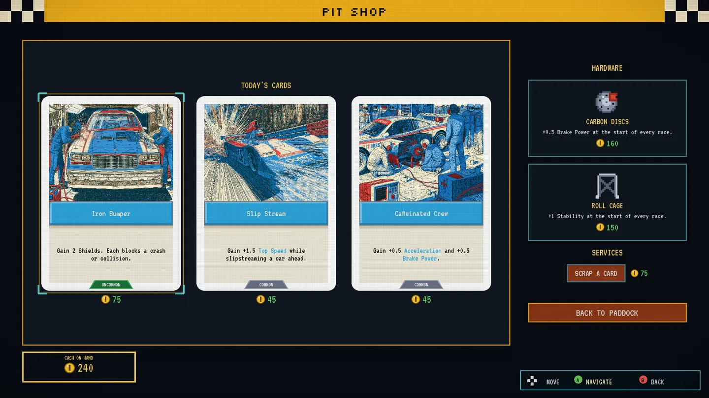 The Super Slot Car Pit Shop with a bright amber and cyan corner selector framing the leftmost card, while the controller legend is visible in the lower-right corner.