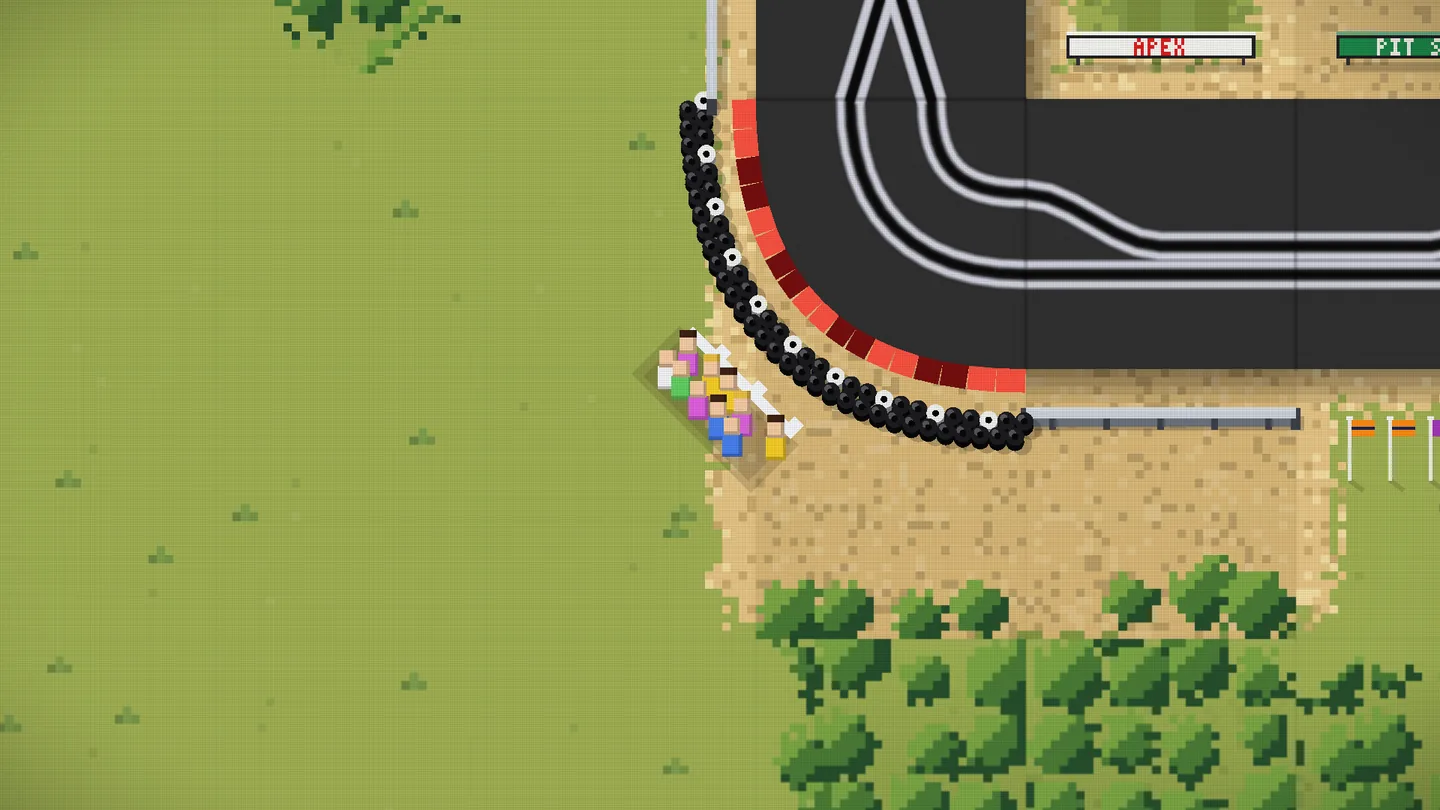Native Windows desktop game capture of a small crowd of pixel spectators standing behind a white fence on the outside of a hairpin, beyond a black tyre wall and red kerbs