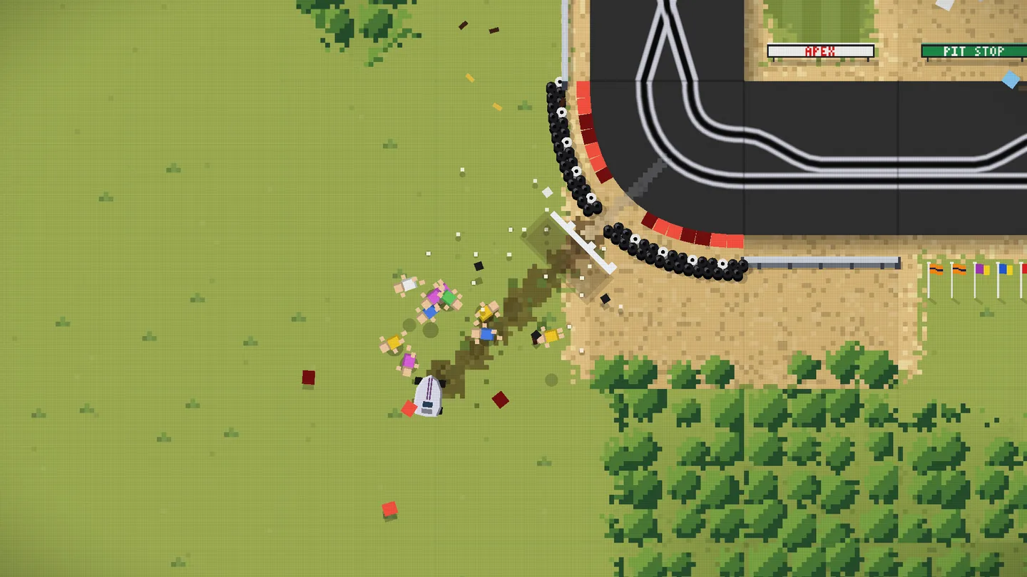 Native Windows desktop game capture of a crashed white slot car on the grass beyond a hairpin, with a gap torn in the tyre wall and the corner spectators scattered across the lawn