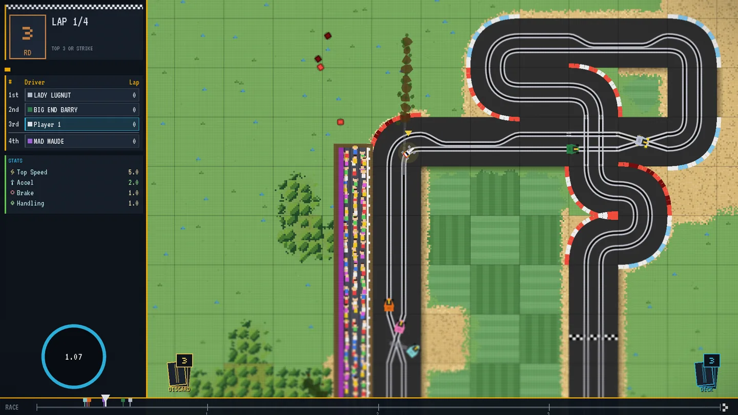 Kerb cubes flung far onto the infield grass after a crash, with a smoke column rising from the hairpin where a car went off.