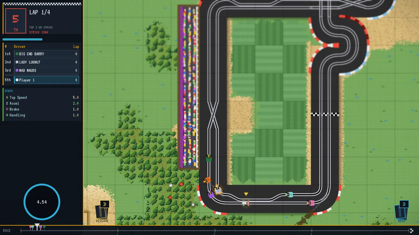 A traffic race mid-corner pile-up: cars bunched at the hairpin, kerb cubes scattered onto the grass and a fresh scar carved through the verge.