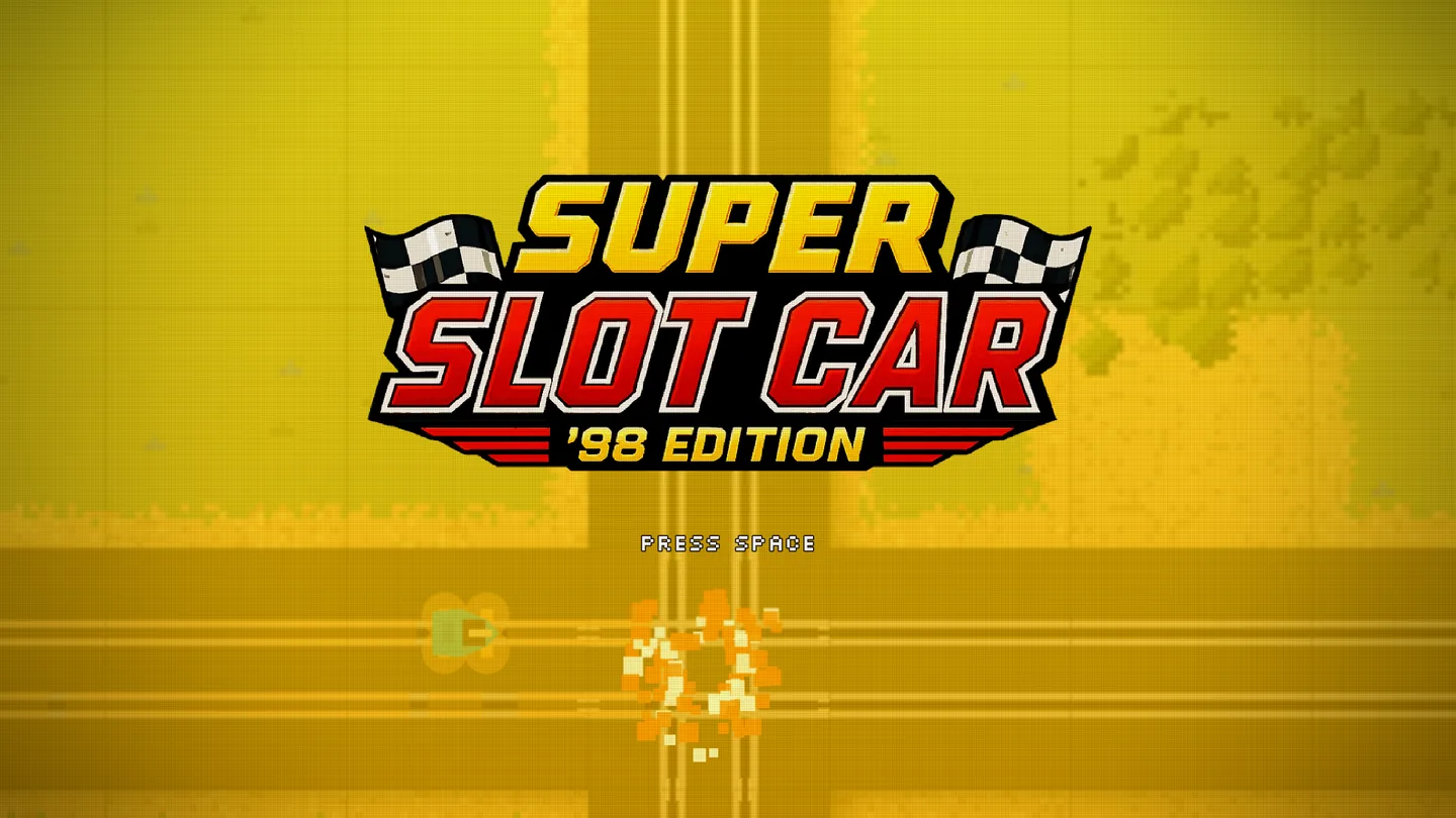 The Super Slot Car 98 Edition logo and Press Space prompt over a yellow slow-motion crossroad crash while more racers streak through behind it.