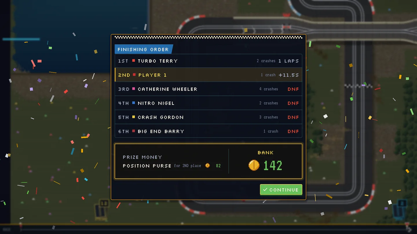 Native Windows desktop game capture of the race results card after the Rookie Cup showdown, with the player first, Catherine Wheeler second and the prize money and bank below