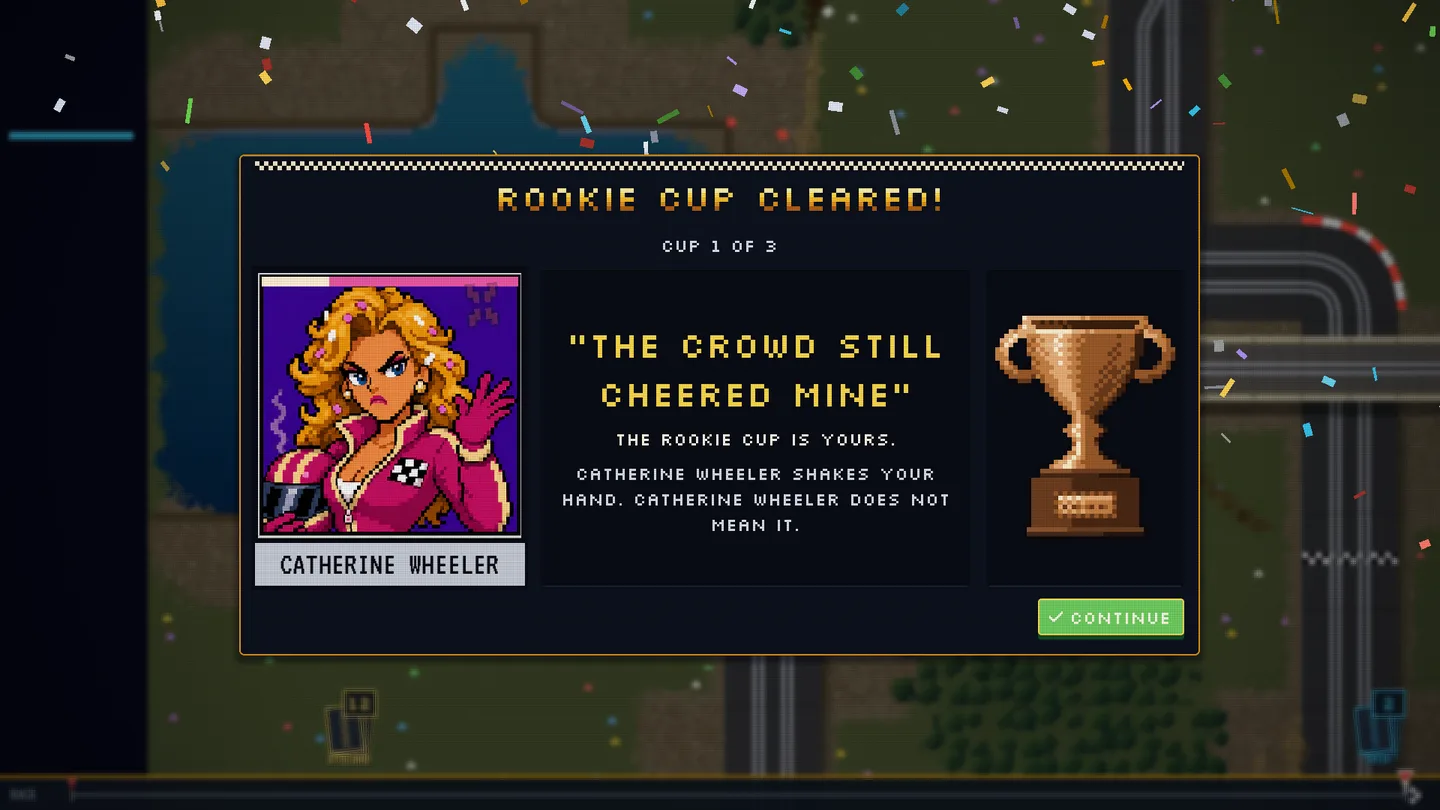 ROOKIE CUP CLEARED: Catherine Wheeler's portrait beside a 16-bit trophy, captioned THE CROWD STILL CHEERED MINE.