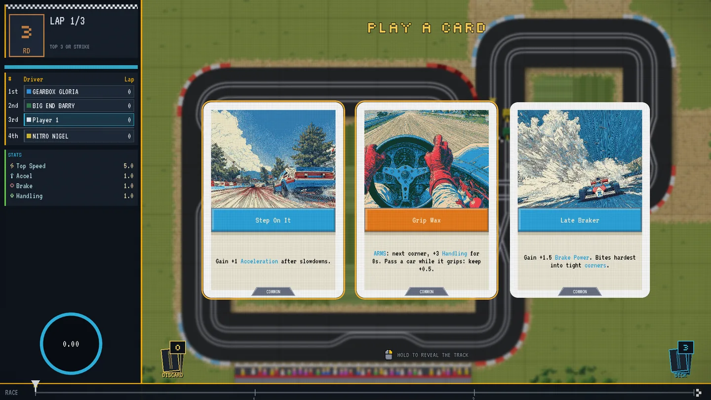 Three upgrade cards spread over a live slot-car race during its slowed decision window.