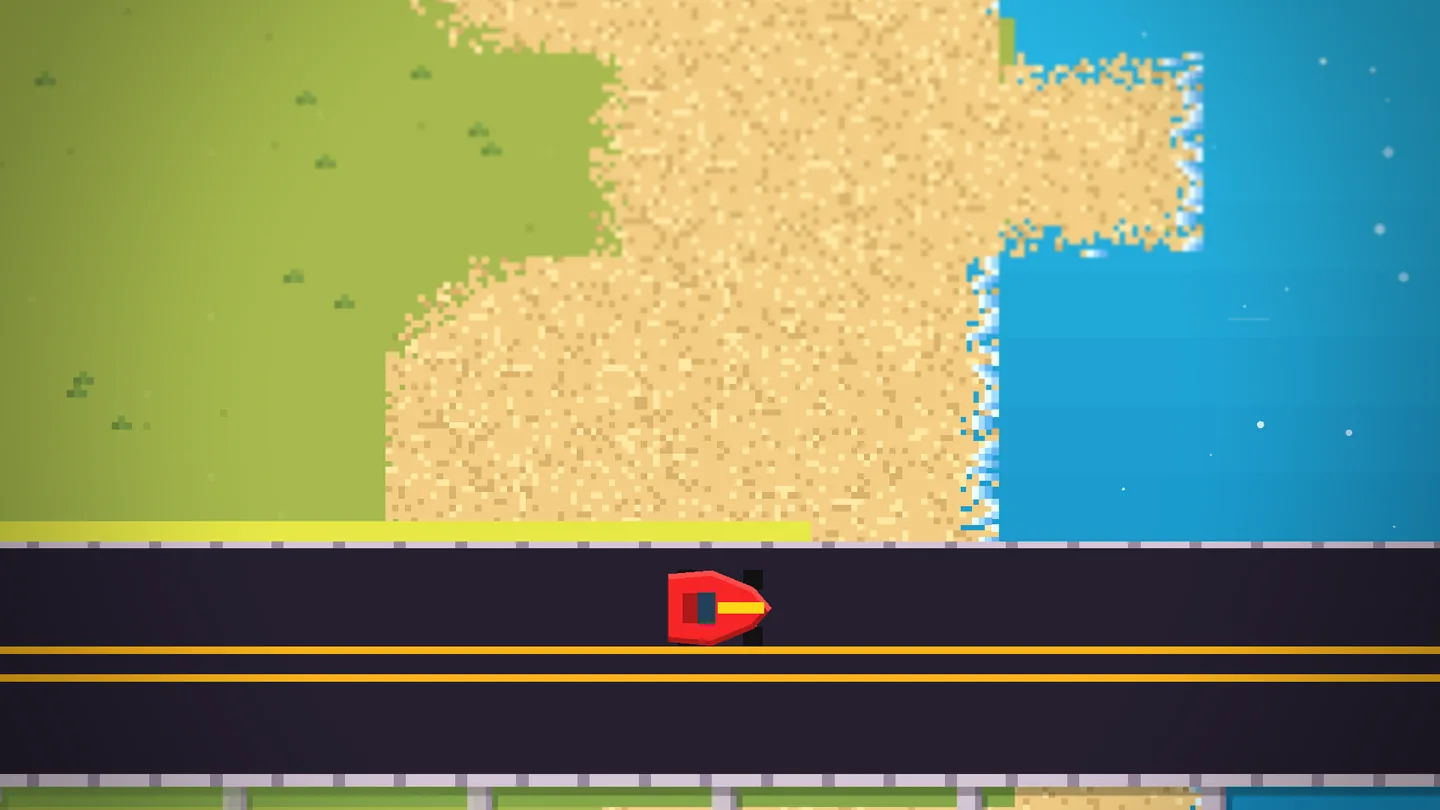 The end of Driver School's drive-out: a double-yellow highway running east across green open country, the land ending at a coastline, and the same road carrying on over the water on pale stilts.