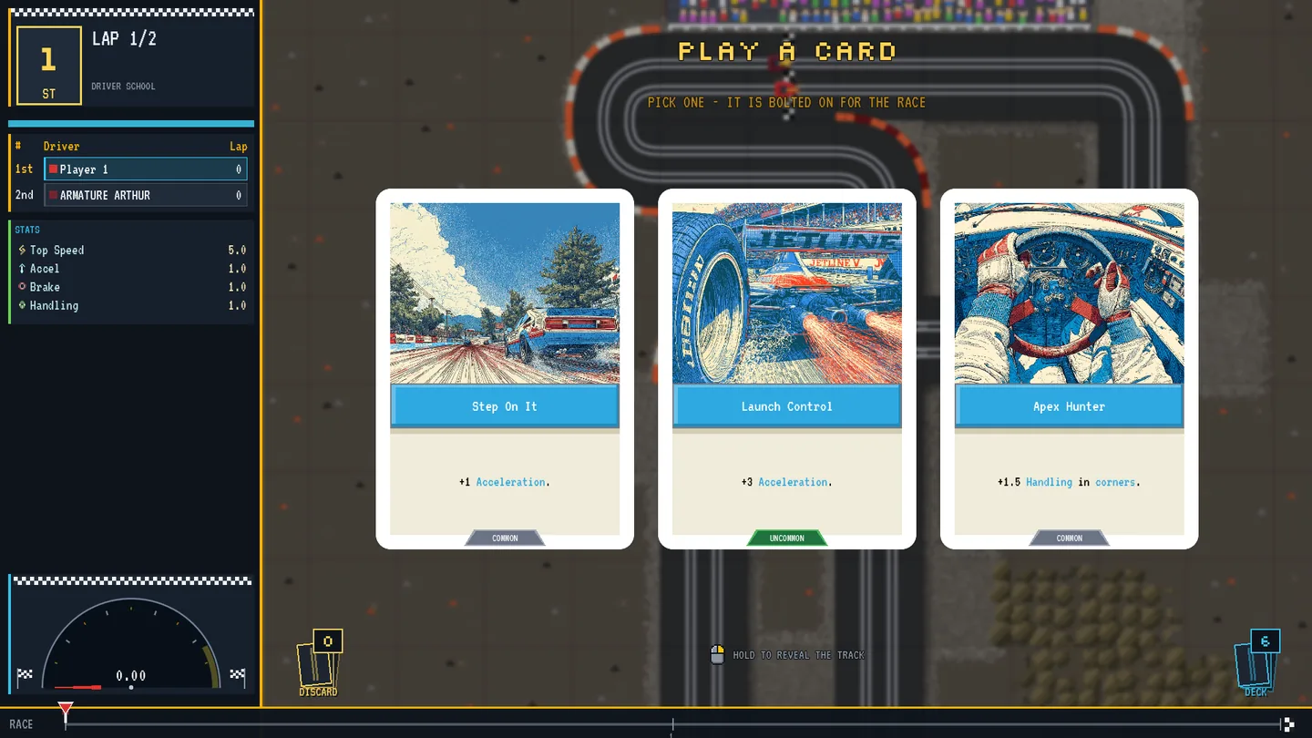 Driver School's first card draft: three cards fanned over the scrapyard training track — Step On It, Launch Control and Apex Hunter, all three fully lit — under the line PICK ONE - IT IS BOLTED ON FOR THE RACE.