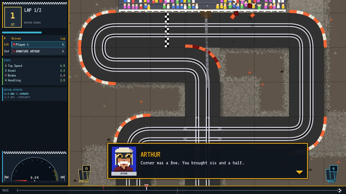 Driver School's scripted wipeout: the player's car sliding off the last hairpin with kerb blocks scattered across the scrapyard, while Arthur's portrait box reads Corner was a five. You brought six and a half.