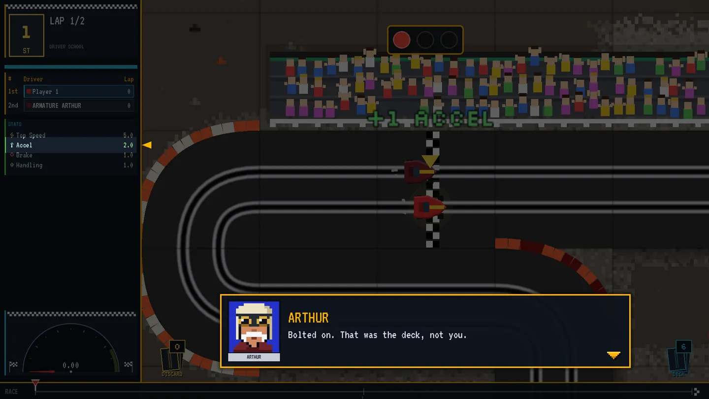 Driver School dimming the whole screen except the Accel row in the sidebar, with an amber arrow pointing at the number that just rose to 2.0 and a green +1 ACCEL floating over the grid.