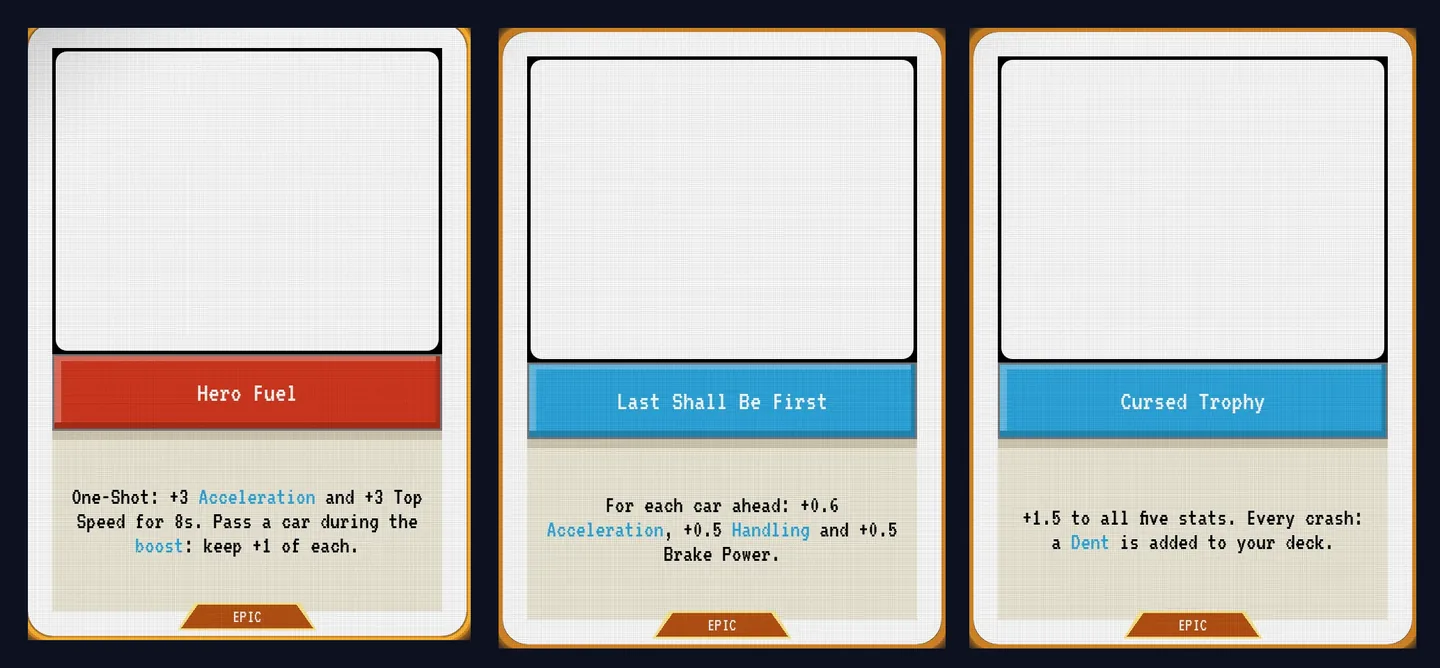 Three EPIC cards in molten-gold frames rendered from the game: Hero Fuel, Last Shall Be First, and Cursed Trophy, each with its rules text.