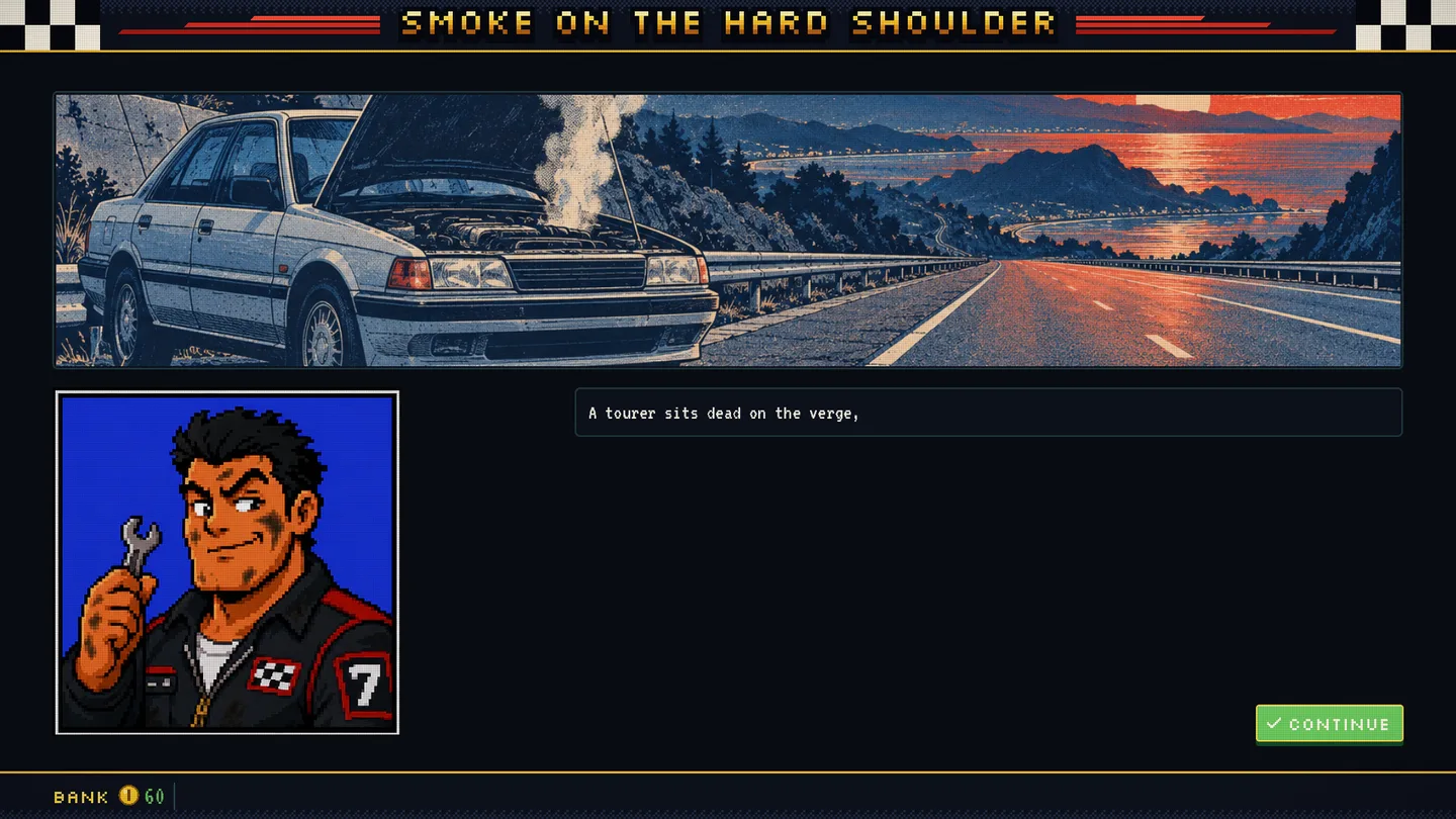 Roadside event SMOKE ON THE HARD SHOULDER: a painted scene of a broken-down tourer on a coastal road at sunset.