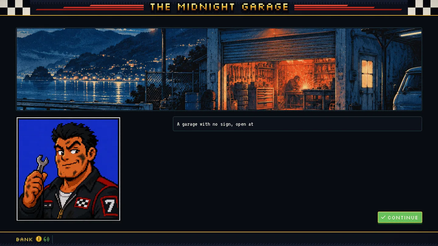 A roadside event, THE MIDNIGHT GARAGE: a painted scene of a lit garage by a coastal road at night, with Axel Grime's portrait.