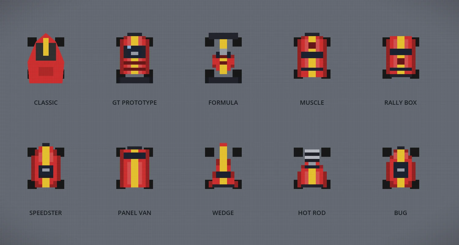 All ten car body types rendered side by side on a grey showroom floor: Classic, GT Prototype, Formula, Muscle, Rally Box, Speedster, Panel Van, Wedge, Hot Rod and Bug — each a chunky 16-bit pixel car.