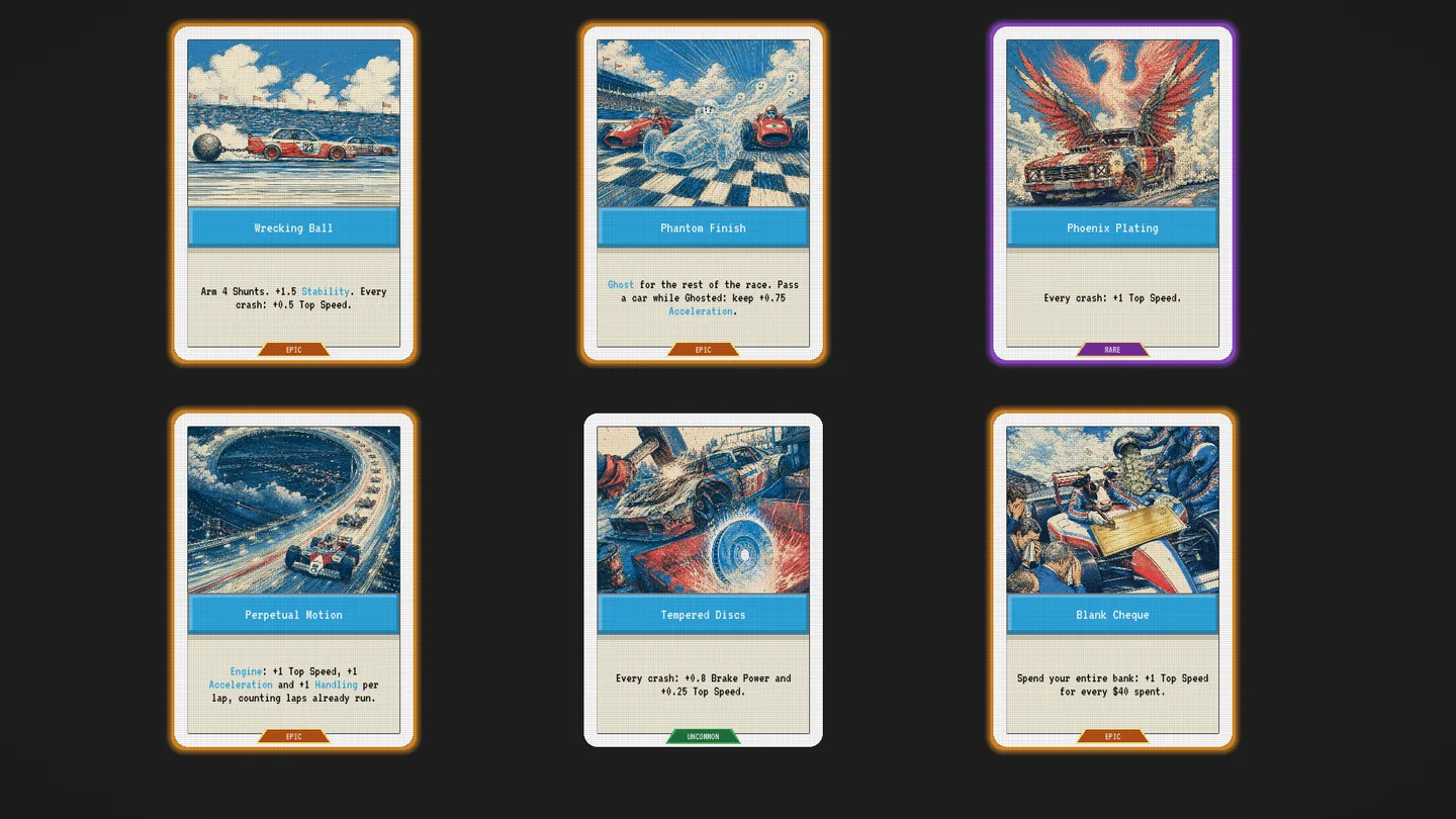 Six real game cards showing Wrecking Ball, Phantom Finish, Phoenix Plating, Perpetual Motion, Tempered Discs and Blank Cheque