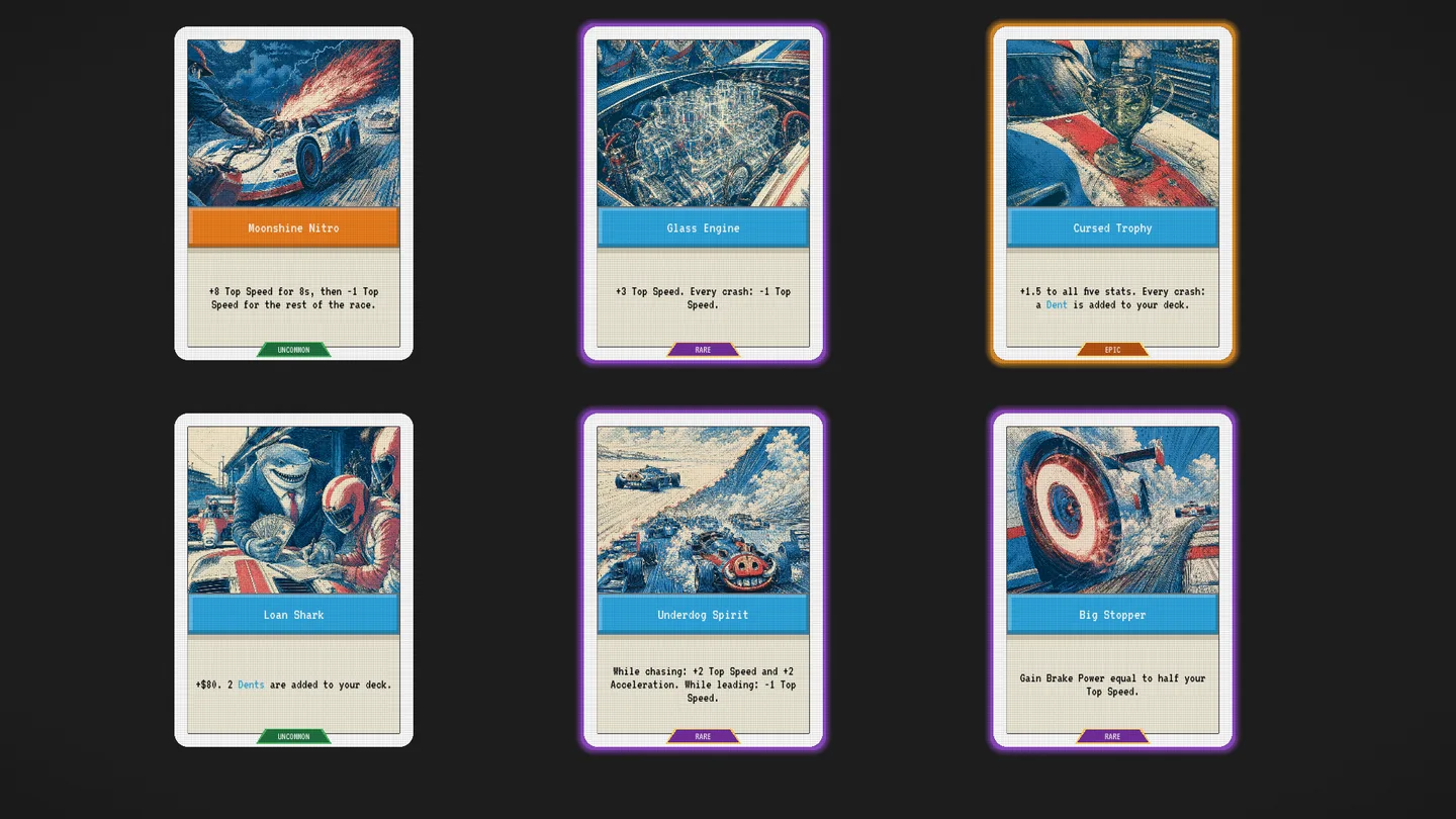 Moonshine Nitro, Glass Engine, Cursed Trophy, Loan Shark, Underdog Spirit and Big Stopper rendered in the game card frames