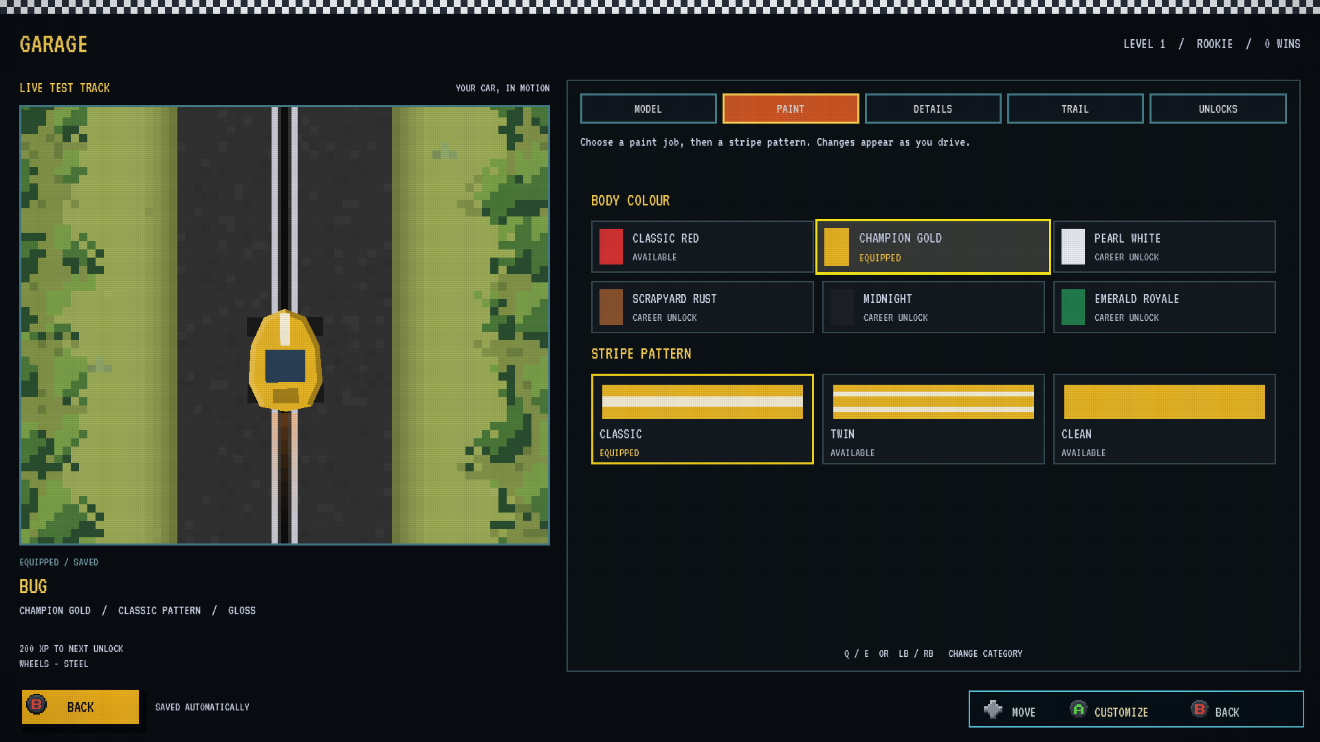 Native Windows desktop garage paint menu with named colour swatches, stripe pattern previews and a gold Bug slot car on the live track