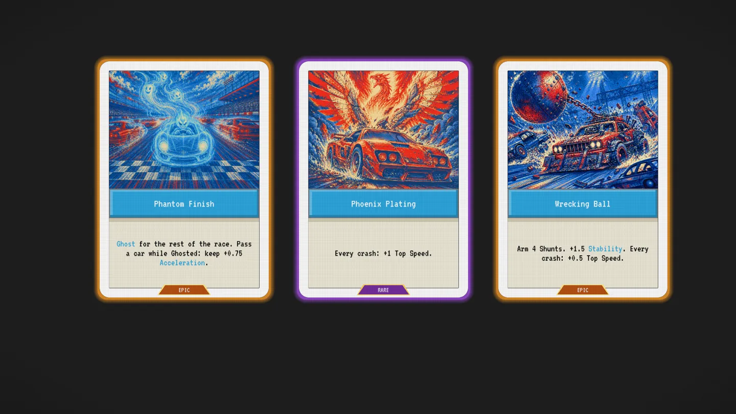 Phantom Finish, Phoenix Plating and Wrecking Ball shown in the game with blue, cream and red fantasy racing illustrations