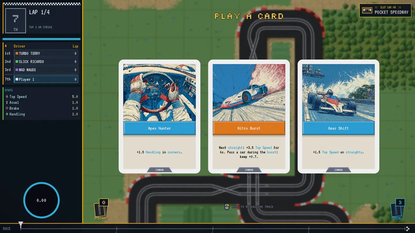 A mid-race card draft in SUPER SLOT CAR '98: the race frozen in slow motion with three cards fanned over a top-down toy circuit, the pit board tracking the field on the left.