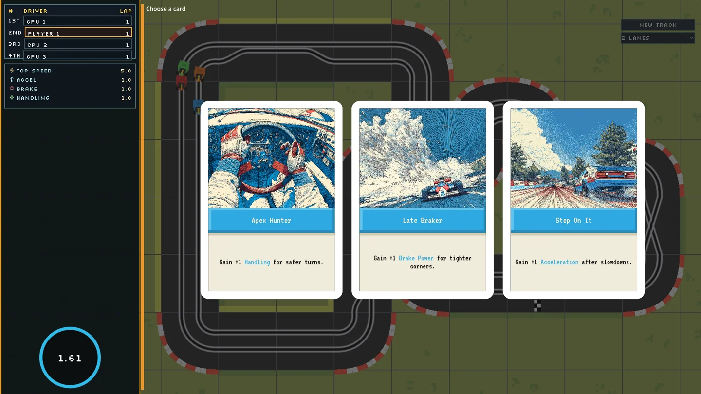 The original mid-race card draft in the February 2026 build: three white-framed painted cards — Apex Hunter, Late Braker and Step On It — dealt over the dimmed track, with the plain text prompt Choose a card in the corner.