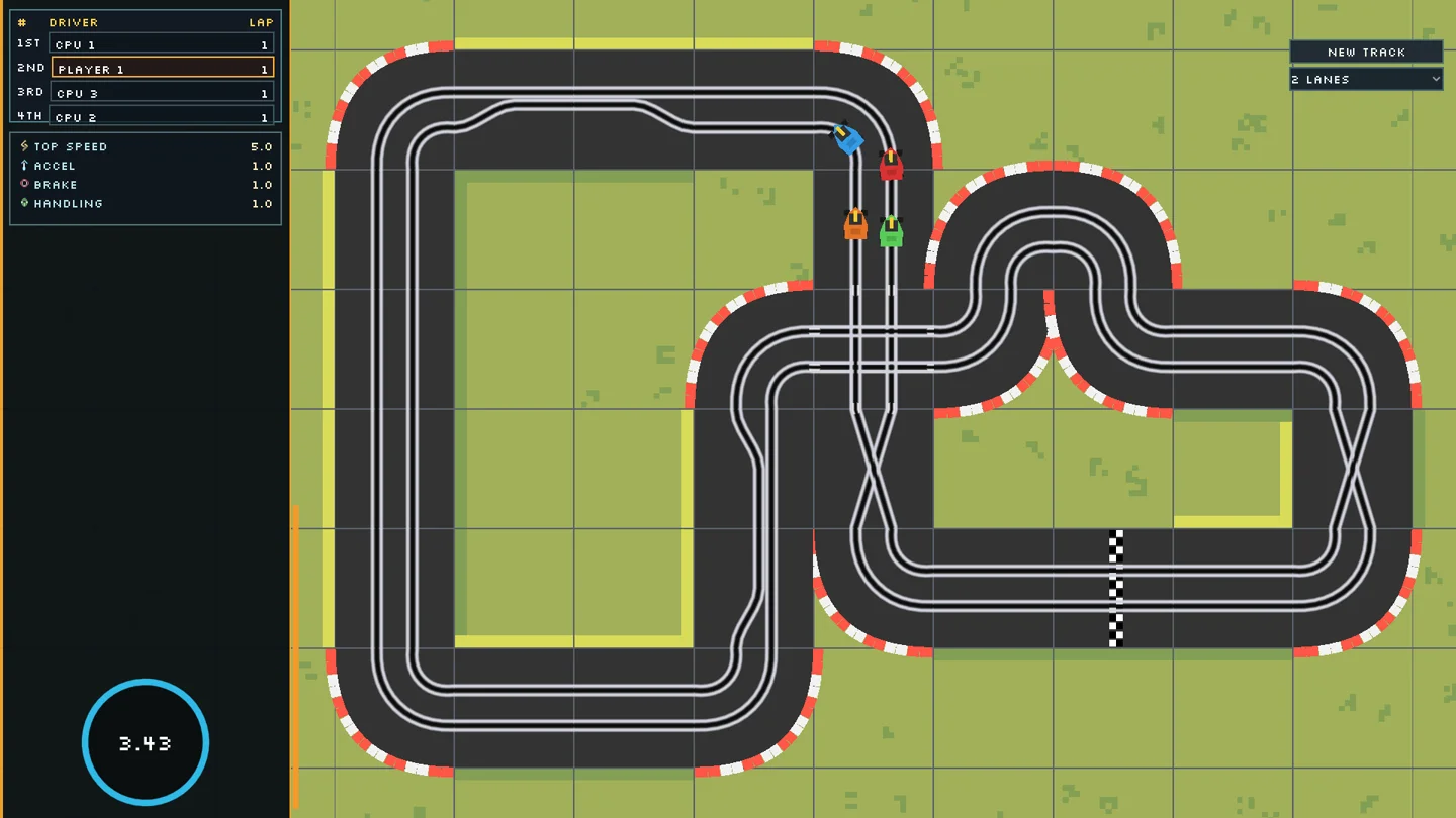 The February 2026 build mid-race: four small teardrop cars on a grey slot track over a flat green grid, a bare driver table and stat panel on the left, and a debug NEW TRACK button in the top right corner.