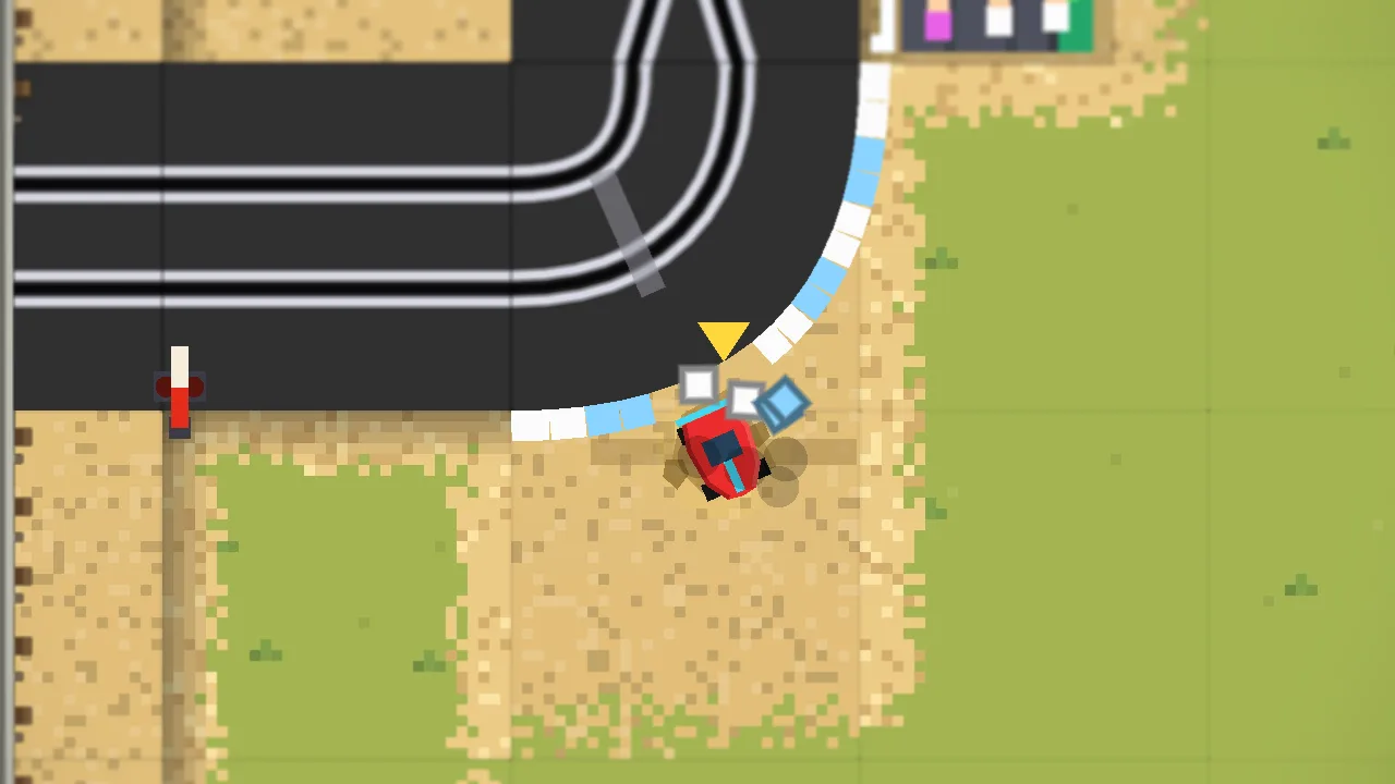 A red slot car breaks through the contacted blue and white corner blocks while earlier blocks remain intact
