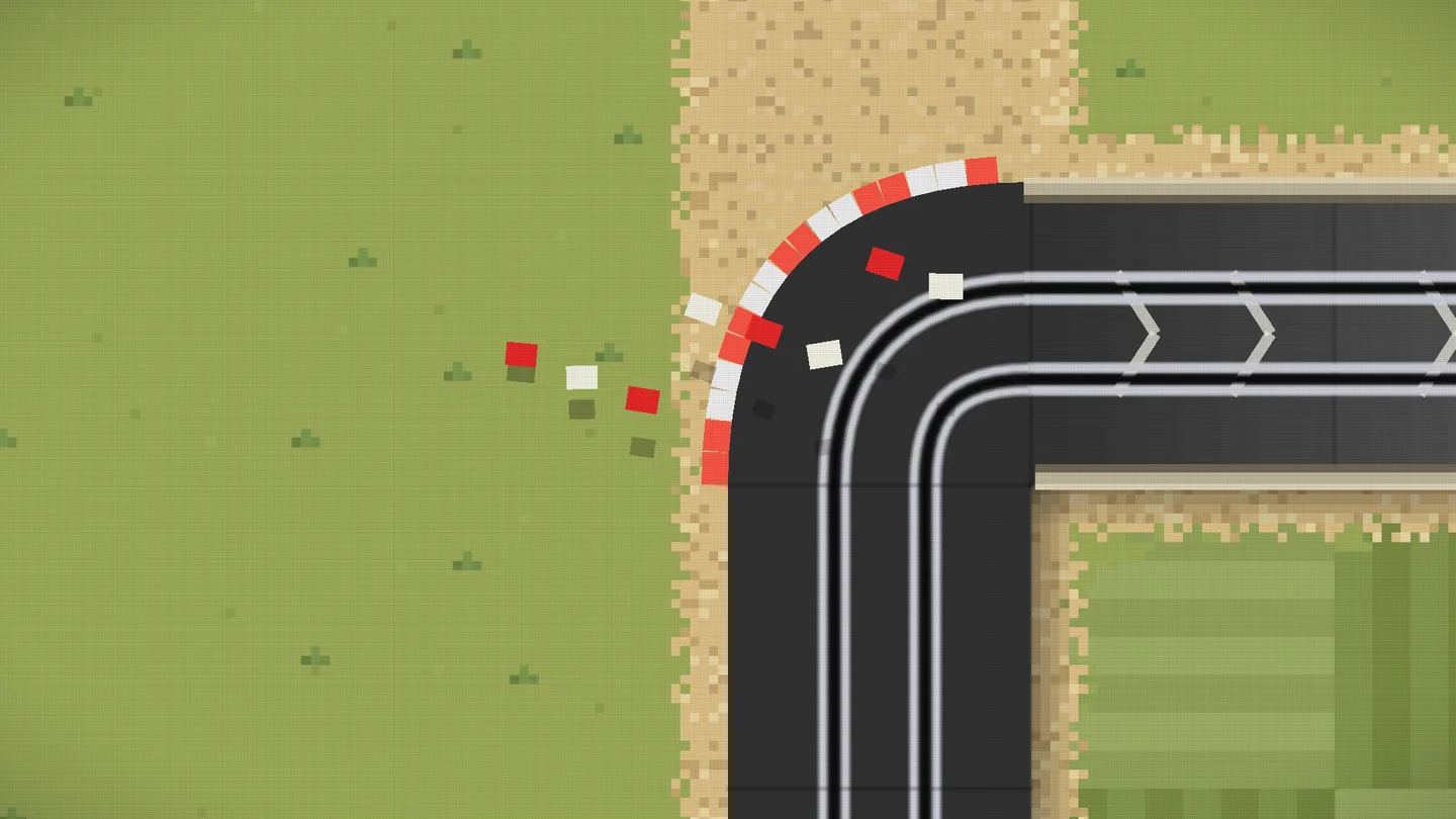 Native Windows desktop game capture of kerbstones mid-flight beside the track, each with a small square shadow on the grass below it